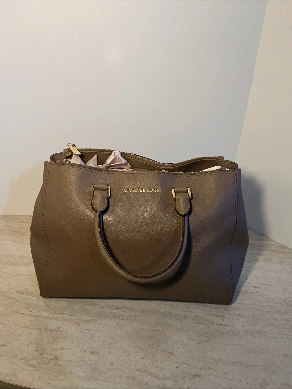 Michael Kors Taupe Saffiano Leather Tote with Gold Hardware